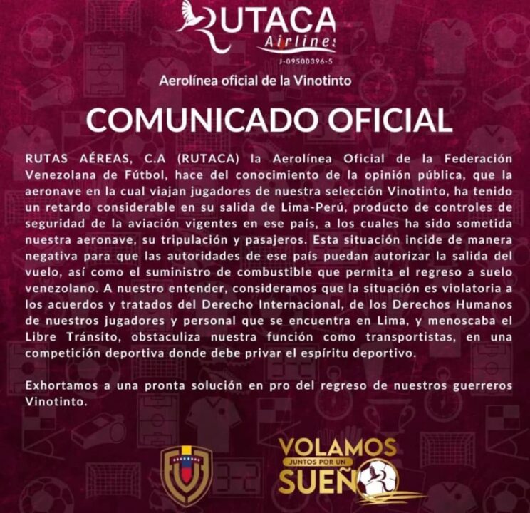 Perú \"retiene\" el avión de la selección Venezuela