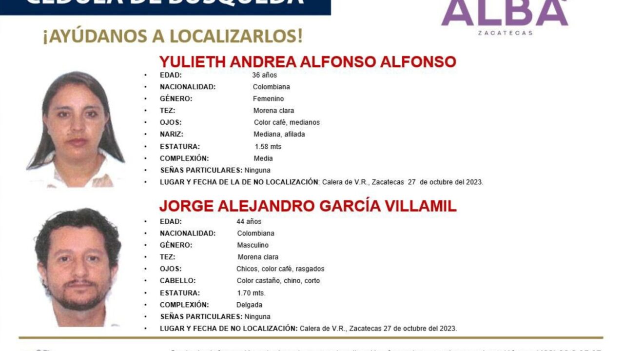 Desaparece familia colombiana en Zacatecas; emiten Alerta Amber por 3 niños
