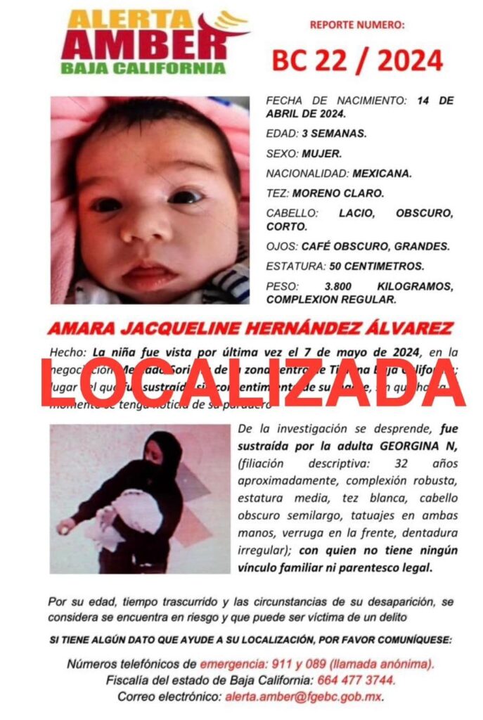 Se cancela Alerta Amber, localizan a \"Amara Jacqueline Hernández Álvarez\" de tres semanas de nacida