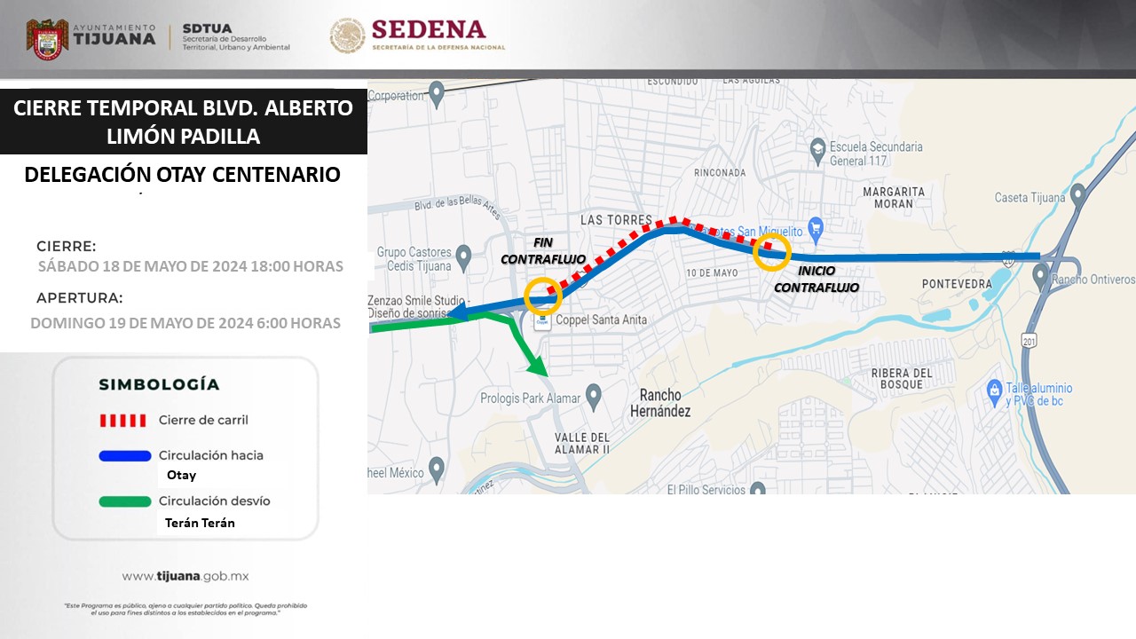 Anuncian cierre temporal en el Bulevar Alberto Limón Padilla por trabajos de la Sedena 