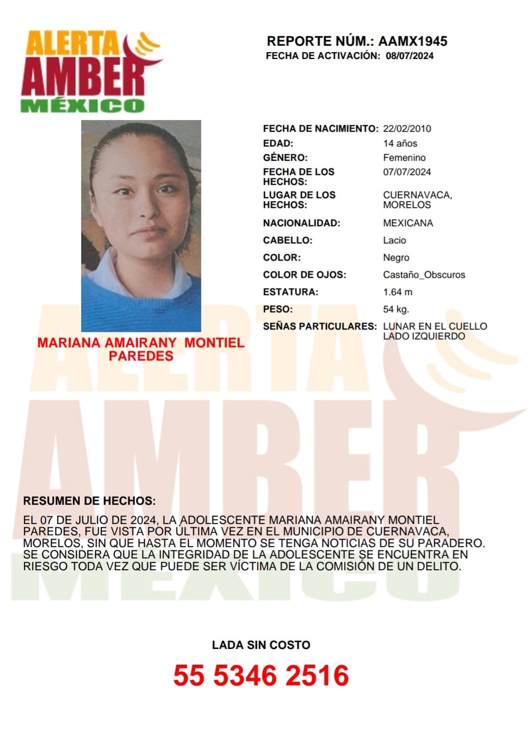 Activan alerta Amber para localizar a Mariana Amairany Montiel Paredes de 14 años de edad