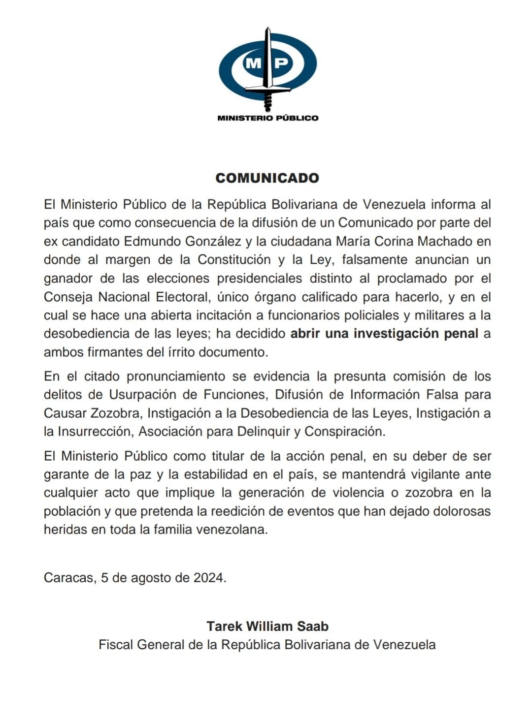 Ministerio Público de Venezuela abre investigación penal contra  Edmundo González y María Corina Machado