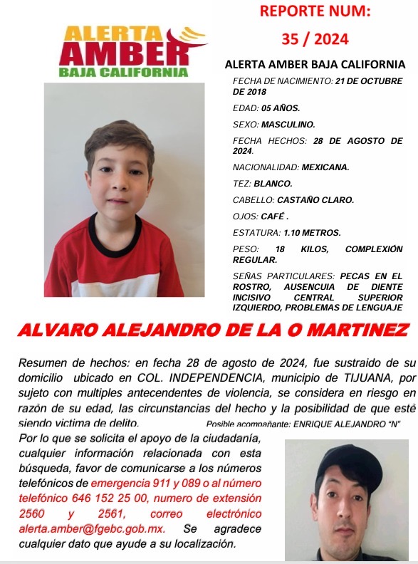 🚨 Activan alerta Amber en Baja California para localizar a Álvaro Alejandro de La O Martínez