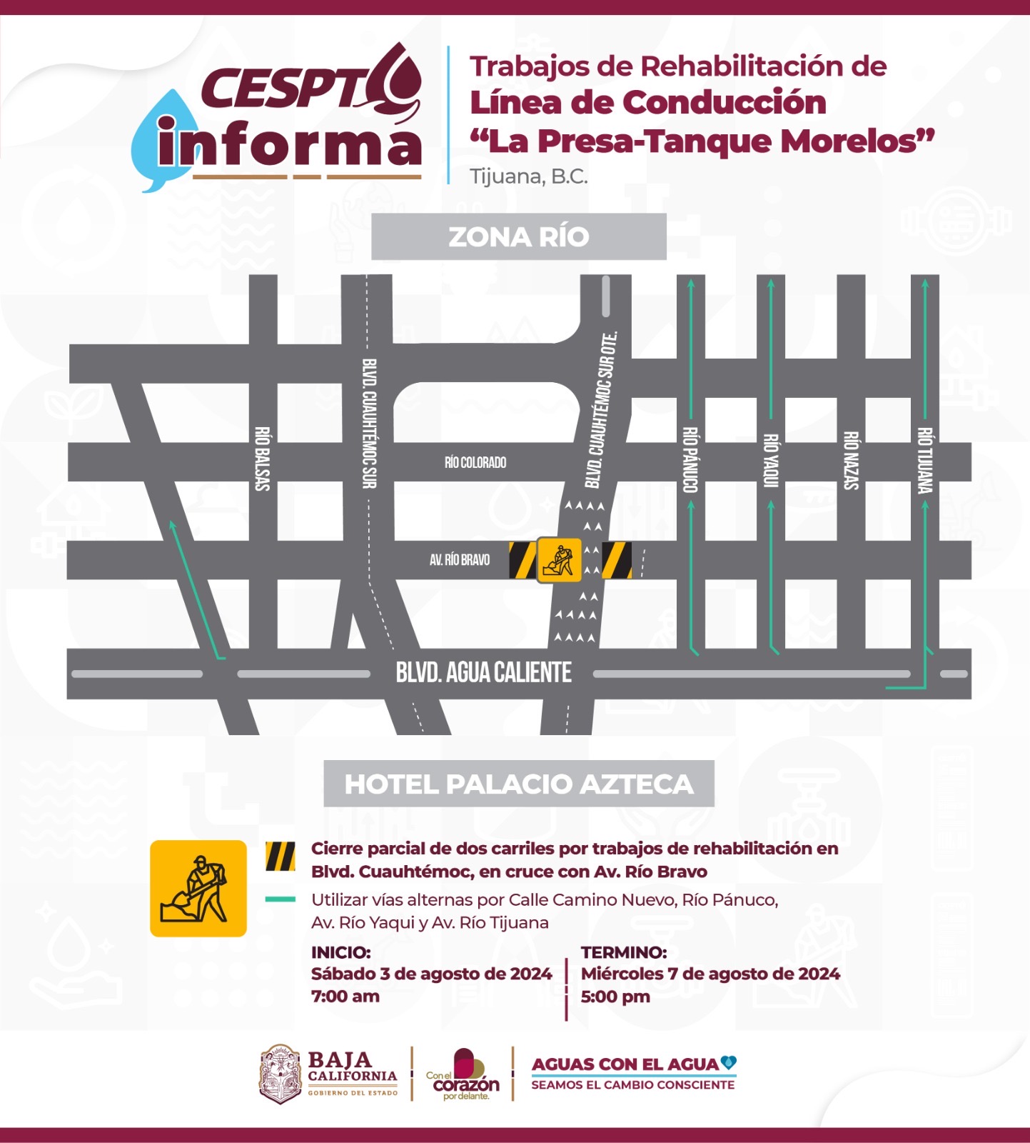 Anuncia CESPT ajuste vial en el Boulevard Cuauhtémoc Sur por rehabilitación de tubería
