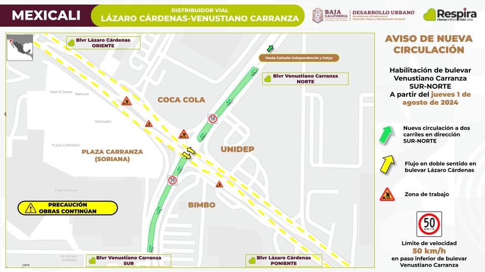 Este jueves quedó habilitado el paso inferior del distribuidor vial Lázaro Cárdenas y Venustiano Carranza de Mexicali