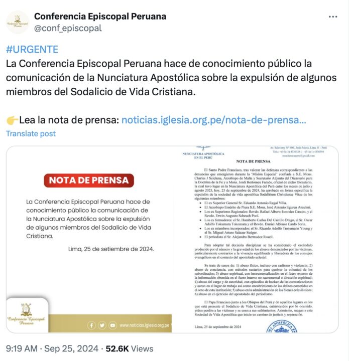 Purga en el Sodalicio peruano: Papa expulsa a diez altos miembros por graves abusos