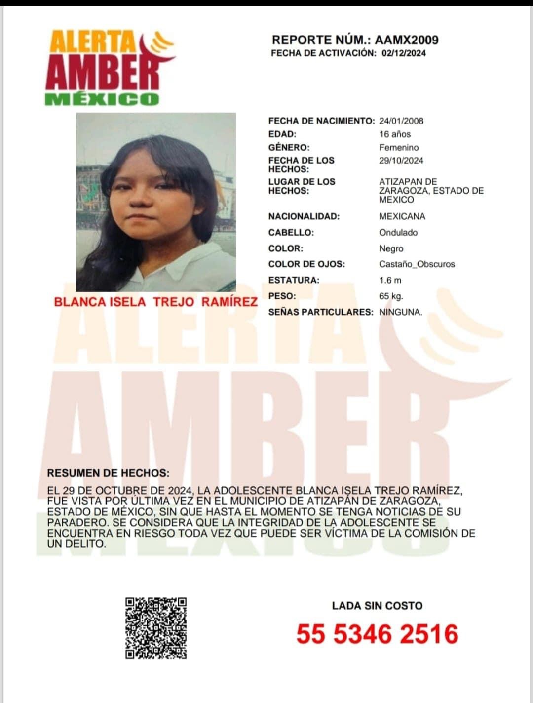 🚨 Activan la alerta Amber para localizar a Blanca Isela Trejo Ramírez🚨