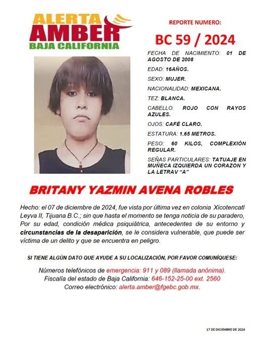 🔵Activan \"Alerta Amber\" para localizar a Britany Yazmín Avena Robles de 16 años de edad