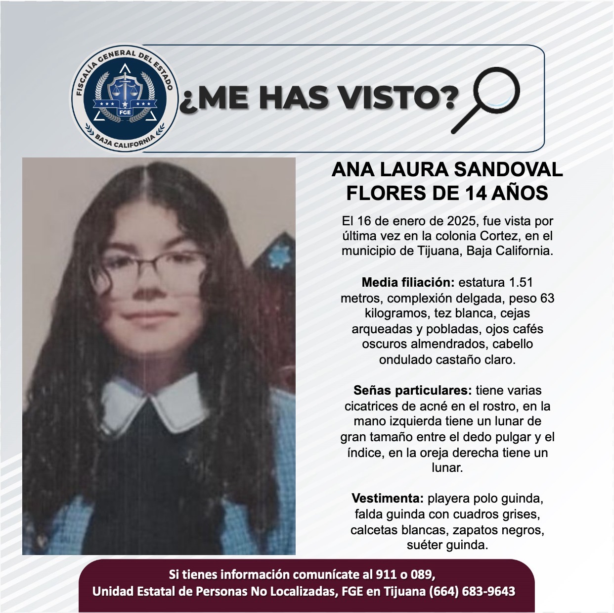 🚨 Buscan a Ana Laura Sandoval Flores, menor de 14 años desaparecida en Tijuana