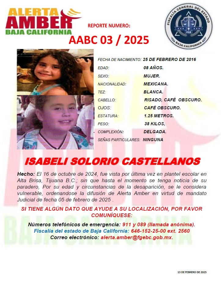 🚨Activan Alerta Amber para localizar a Isabeli Solorio Castellanos de 8 años de edad