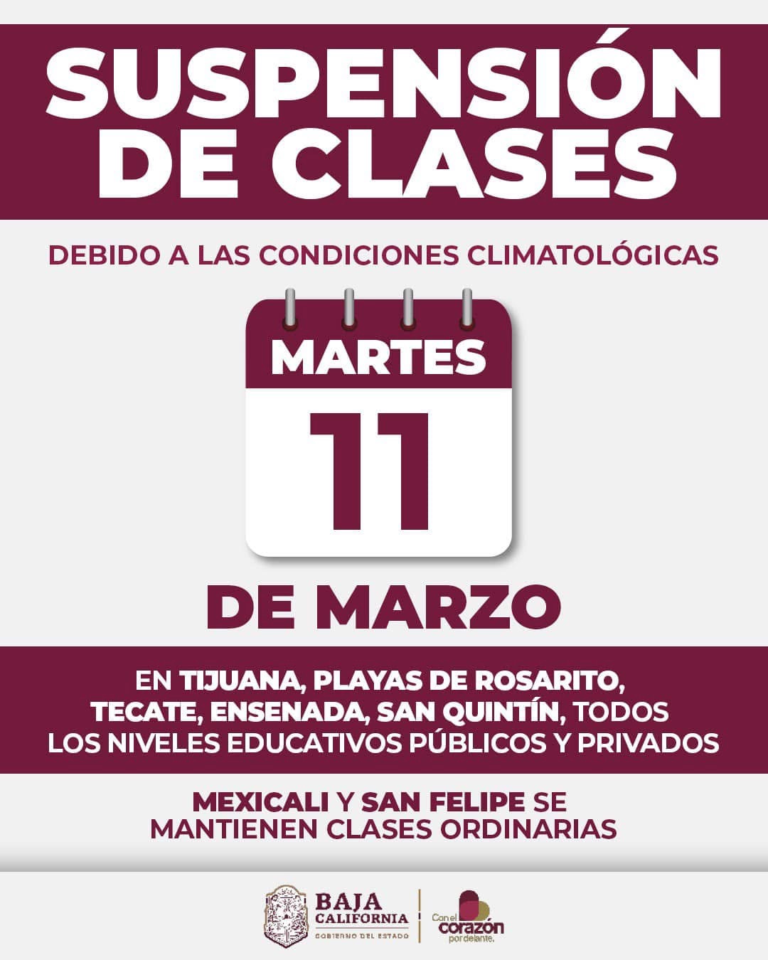 🌧️ Suspensión de clases en varios municipios de Baja California por condiciones climatológicas